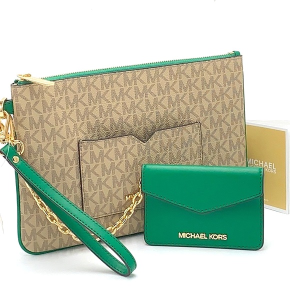 Michael Kors Jet Set LG 2 in 1 card case wristlet Wallet PALMETTO GREEN SIGNATUR - Picture 1 of 16